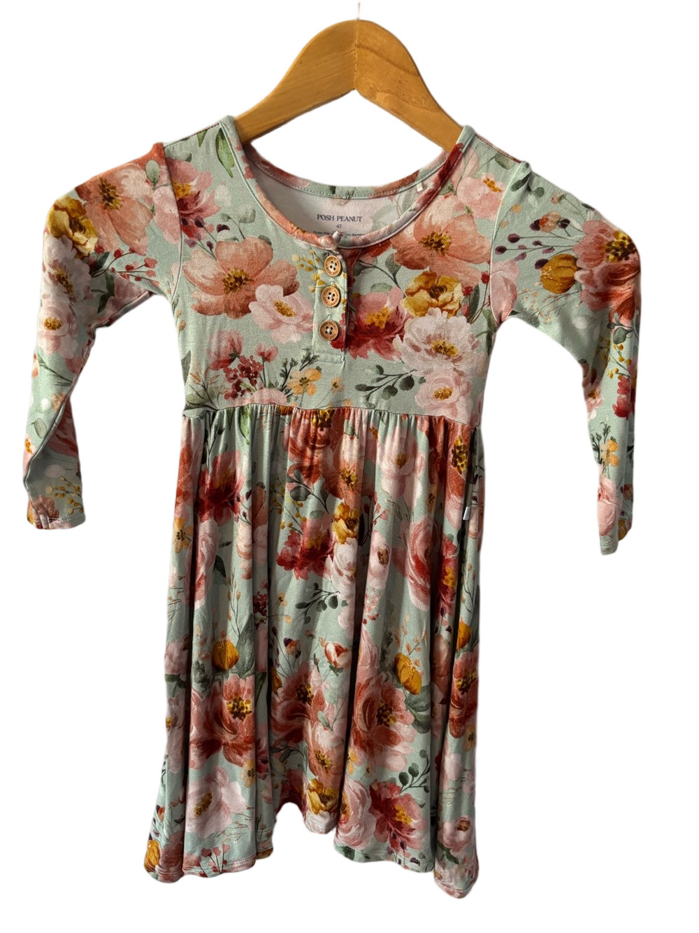 Posh Peanut Mint Floral Long-Sleeve Dress 4T Pink & Yellow Blooms Wooden Buttons